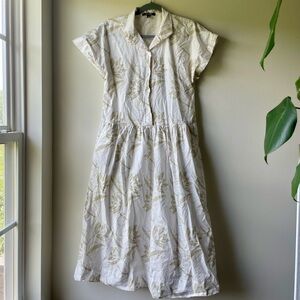 Kal Rieman 100% Cotton Women’s Water Lily Print Neutral Midi Demi Dress Xsmall